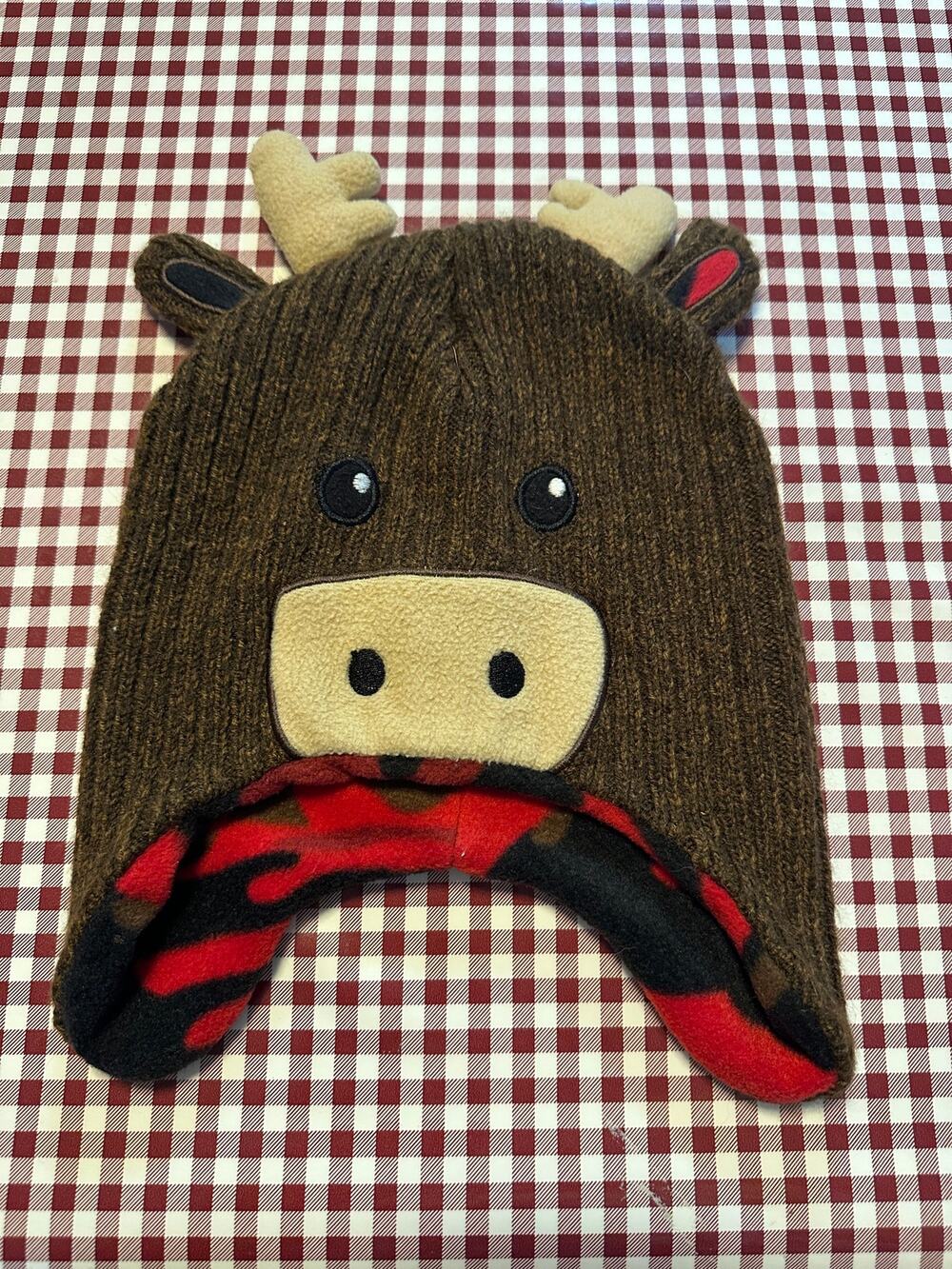 Vintage Greendog Toddler Moose Beanie Hat - Brown Knit Peruvian Trapper Cap